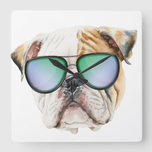 Cute english bulldog with sunglasses, Funny puppy Square Wall Clock