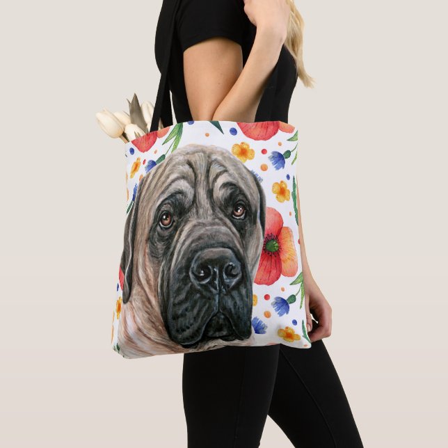 Cute English Mastiff With Red Poppy Flower Pattern Tote Bag (Close Up)