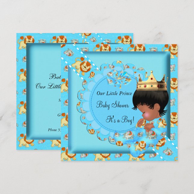 Cute Ethnic African American Baby Shower Blue Boy Invitation (Front/Back)