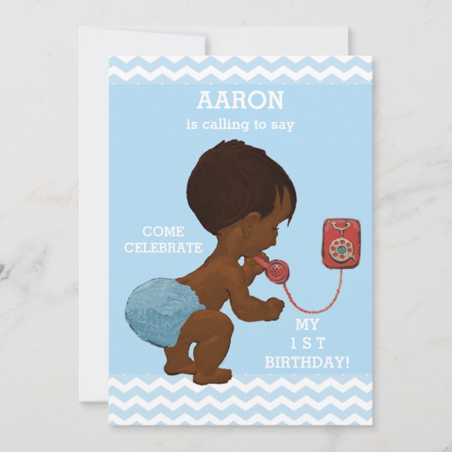 Cute Ethnic Boy on Phone 1st Birthday Chevrons Invitation (Front)