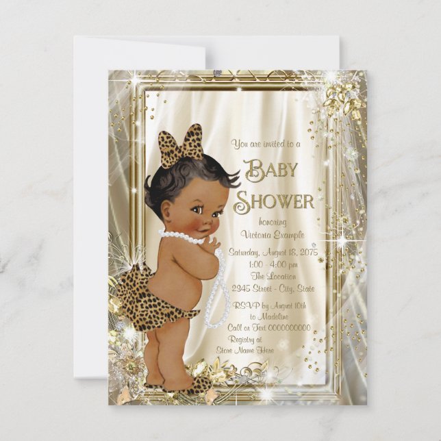 Cute Ethnic Girl Leopard Pearls Baby Shower Invitation (Front)