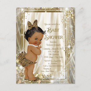 Cute Ethnic Girl Leopard Pearls Baby Shower Invitation