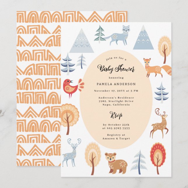 Cute Ethnic Style Woodland Animals Baby Shower Invitation (Front/Back)