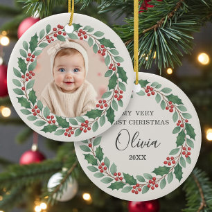 Cute Eucalyptus Baby First Christmas Photo Ceramic Tree Decoration