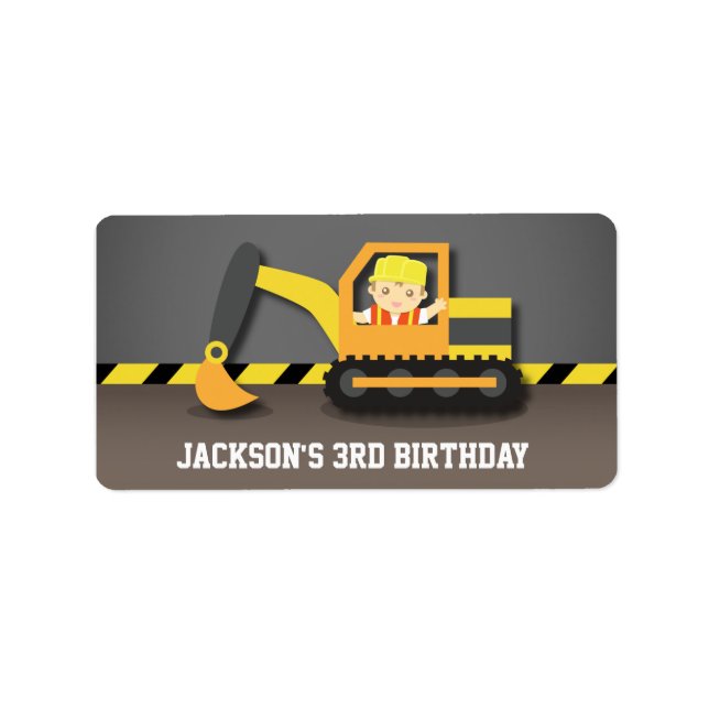 Cute Excavator Construction Birthday Party Labels (Front)