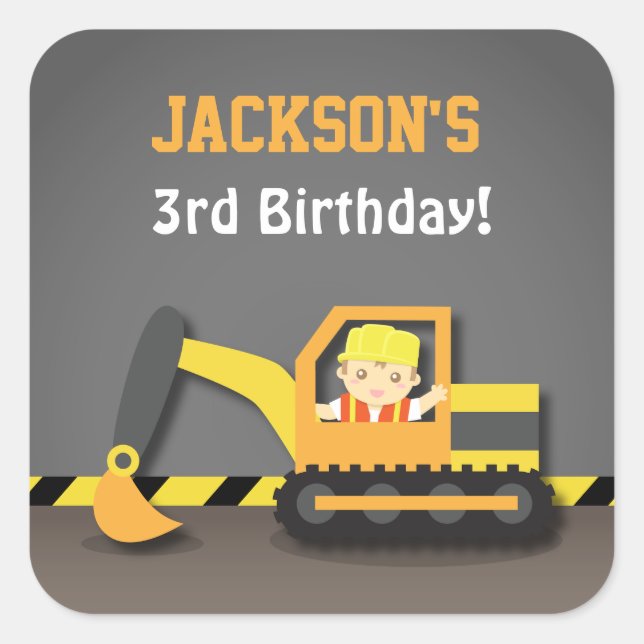 Cute Excavator Construction Birthday Party Labels (Front)