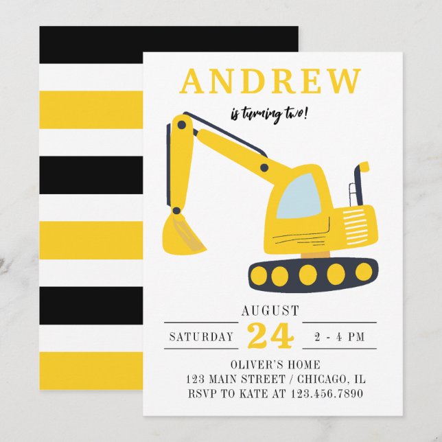 Cute Excavator Construction Kids Birthday Party Invitation (Front/Back)