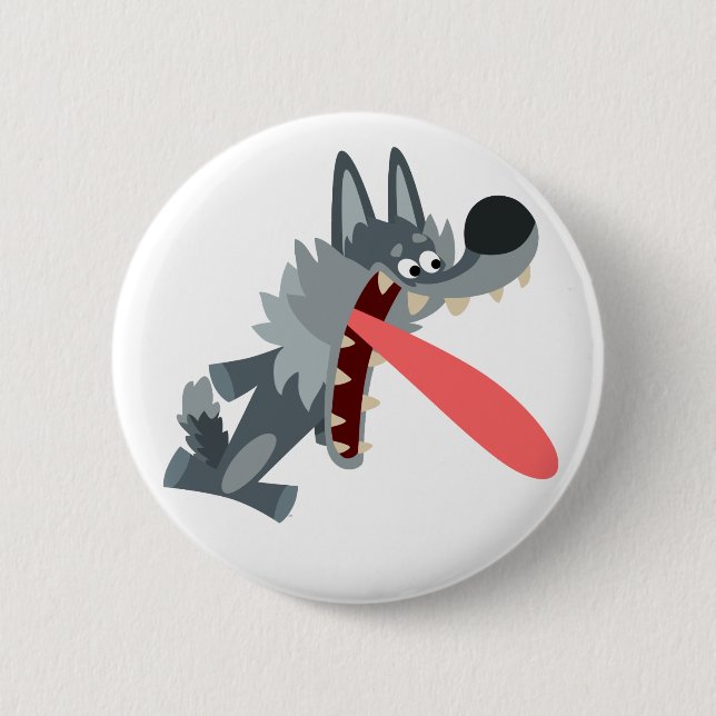 Cute Excited Cartoon Wolf Button Badge (Front)