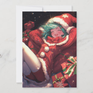 Cute Excited Christmas Santa Gifts Anime Girl Holiday Card
