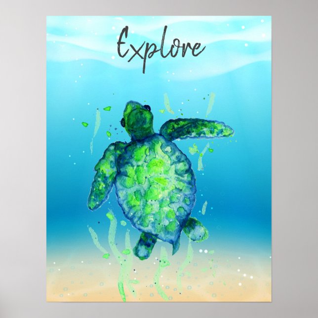 Cute Explore Sea Turtle Gender Neutral Poster (Front)