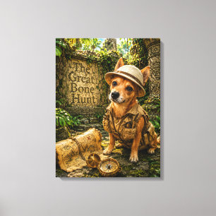 Cute Explorer Dog Ancient Jungle Ruins Art Canvas Print