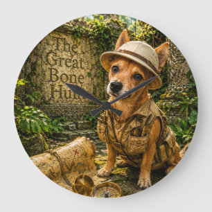 Cute Explorer Dog Ancient Jungle Ruins Art Large Clock
