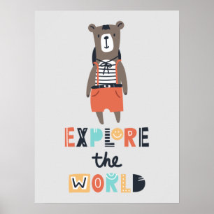 Cute Exploring Bear Kids Room Poster