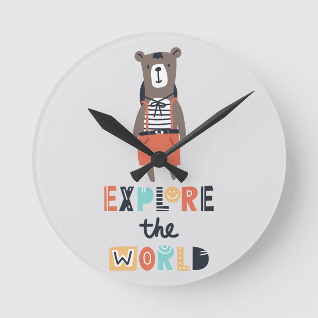 Cute Exploring Bear Round Clock (Front)