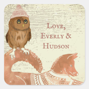 Cute Eyes Owl Fox Hats and Sweaters Barn Wood Square Sticker