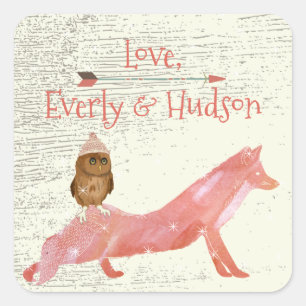 Cute Eyes Owl Fox Hats and Sweaters Barn Wood Square Sticker