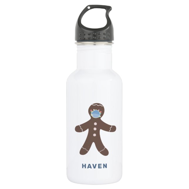 Cute Face Mask Gingerbread Man Kids Personalised 532 Ml Water Bottle (Front)
