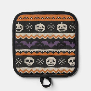 Cute, fair isle/colorwork Halloween skull & bats Pot Holder