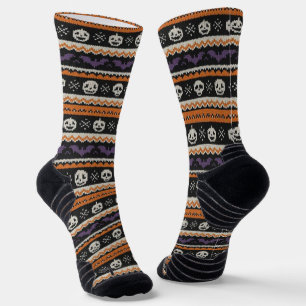 Cute, fair isle/colorwork Halloween skull & bats Socks