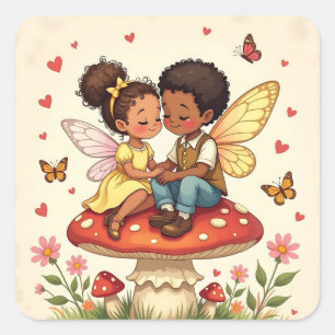 Cute Fairies on Retro Mushrooms Vintage Square Sticker