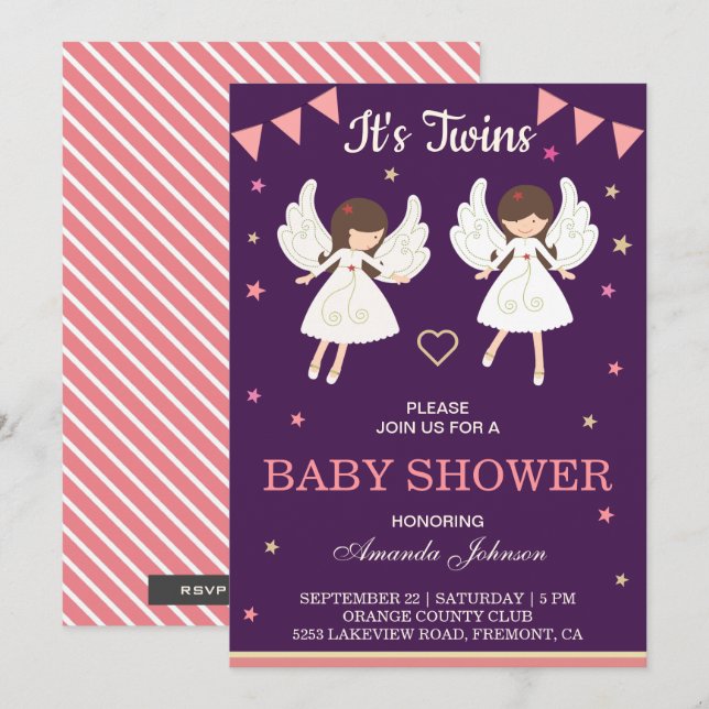 Cute Fairies Twin Girls Baby Shower Invitation (Front/Back)