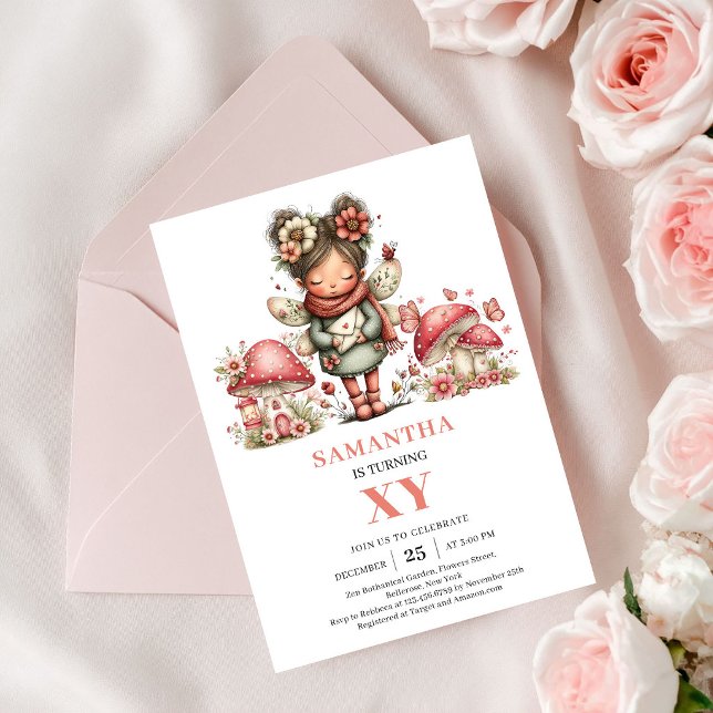 Cute Fairy 7th Birthday Pink Mushroom Invitation (Cute Fairy 7th Birthday Pink Mushroom Invitation)