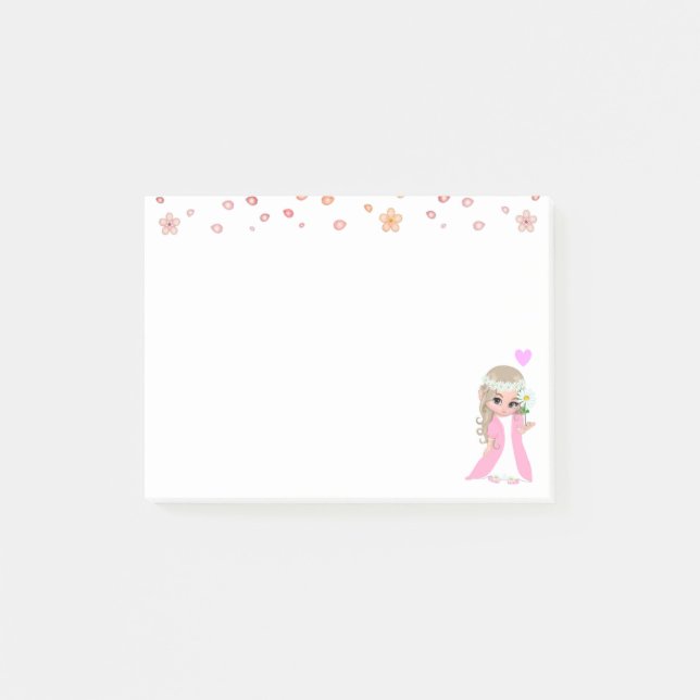 Cute Fairy and Flowers on White Post-it Notes (Front)