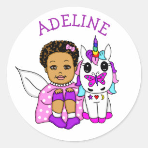 Cute Fairy and her Unicorn Personalised Name    Classic Round Sticker