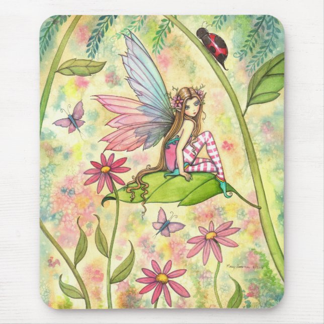 Cute Fairy and Ladybug Flower Garden Art Mouse Mat (Front)