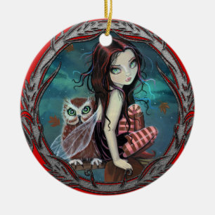 Cute Fairy and Owl Fantasy Art Ceramic Tree Decoration