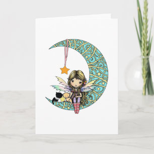Cute Fairy and Two Cats on Fancy Moon Blank Card