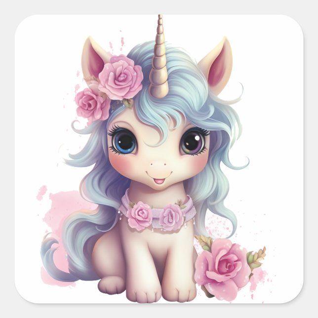 Cute Fairy Baby Unicorn Sparkling Fantasy Square Sticker (Front)