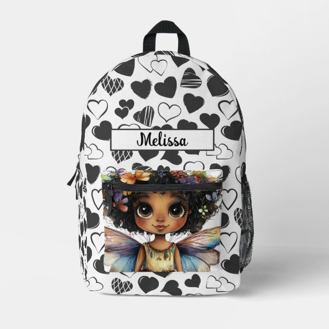 Cute Fairy Black Girl Hearts Customizable Name  Printed Backpack (Front)