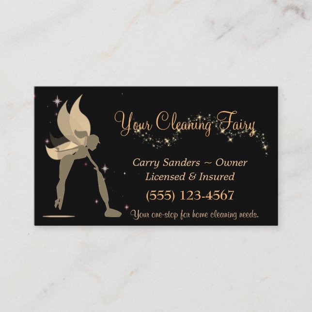 Cute Fairy Black Sparkle House Cleaning Service Business Card (Front)