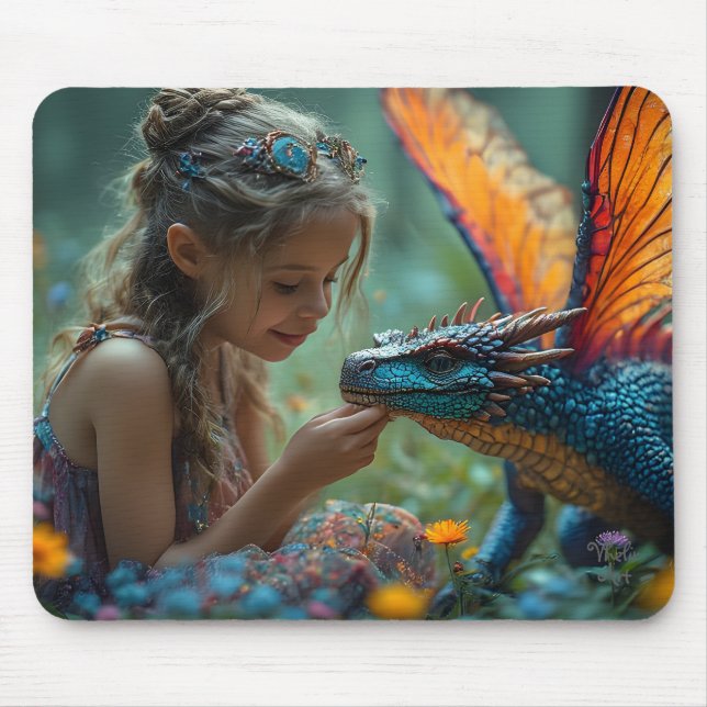 Cute Fairy Blue Dragon Design Mouse Mat (Front)