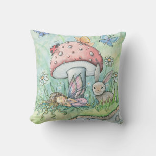 Cute Fairy Bunny and Mushroom Girls Throw Pillow