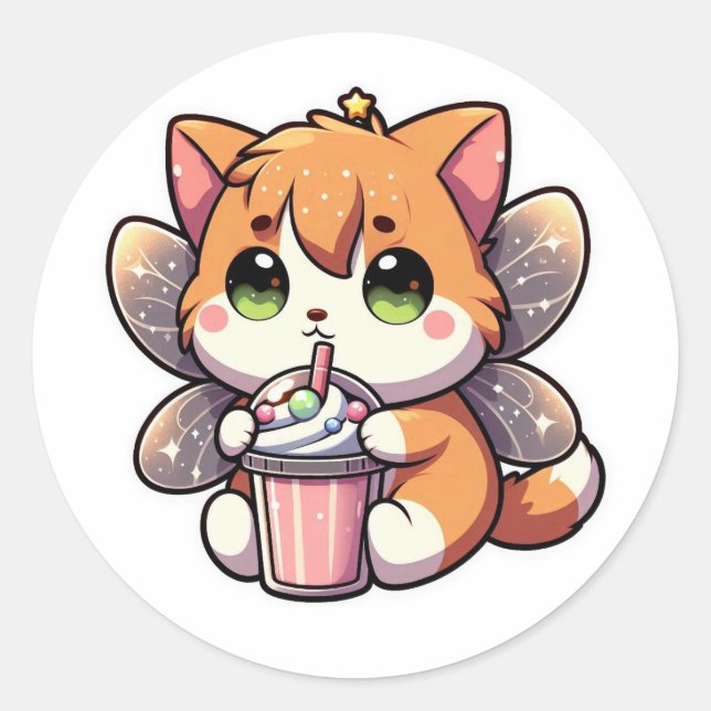 Cute fairy cat drinking milkshake  classic round sticker (Front)