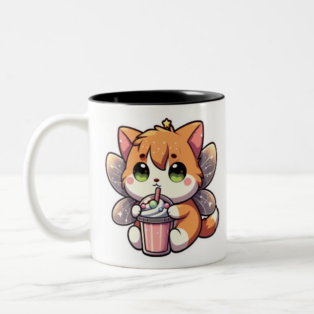 Cute fairy cat drinking milkshake  Two-Tone coffee mug (Left)