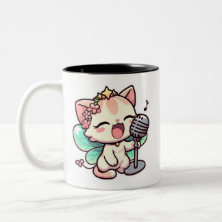 Cute fairy cat singing  Two-Tone coffee mug