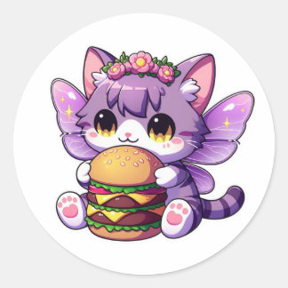 Cute fairy cat with burger  classic round sticker