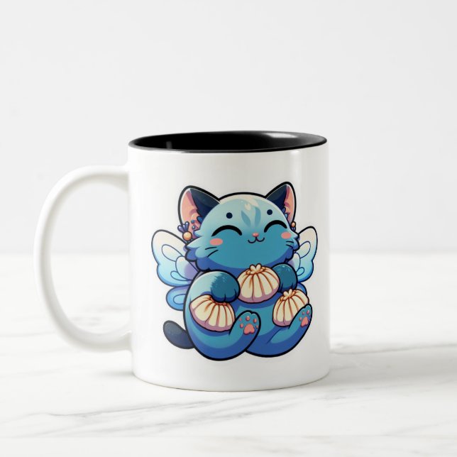 Cute fairy cat with dumplings  Two-Tone coffee mug (Left)