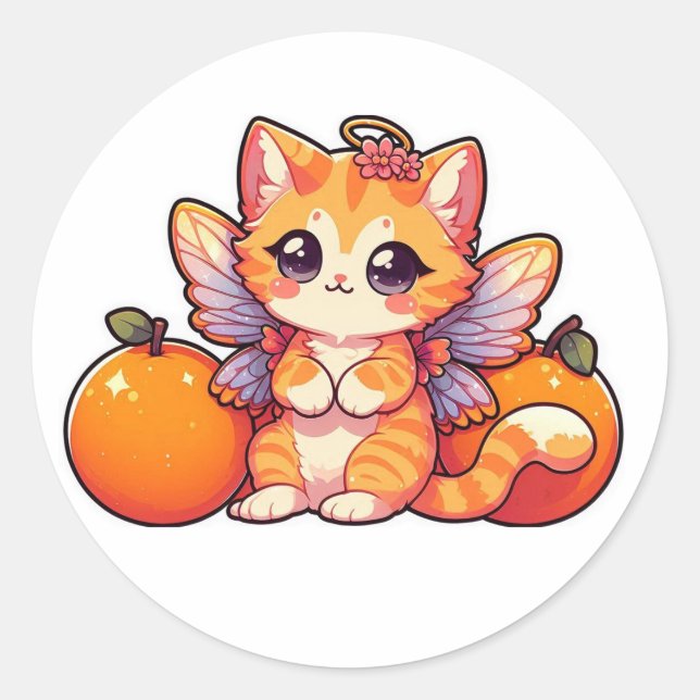 Cute fairy cat with oranges classic round sticker (Front)