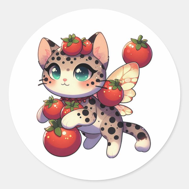 Cute fairy cat with tomatoes  classic round sticker (Front)