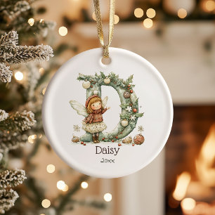 Cute Fairy Christmas Initial Personalised Holiday  Ceramic Tree Decoration