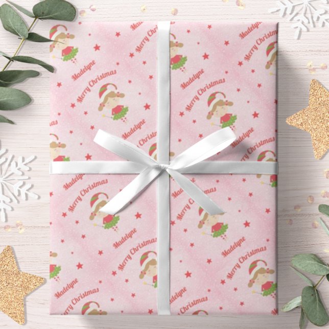 Cute Fairy Christmas Pink Snow Personalized Wrapping Paper (Creator Uploaded)