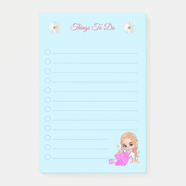 Cute Fairy & Daisy Flowers on Light Blue Post-it Notes (Front)