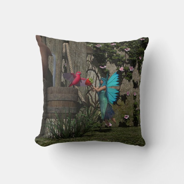 Cute Fairy Feeding a Bird Cushion (Front)
