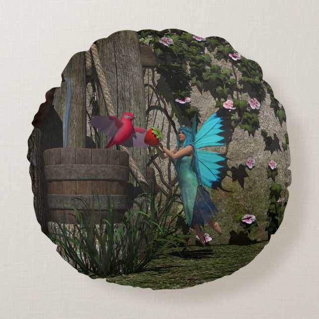 Cute Fairy Feeding a Bird Round Cushion (Front)