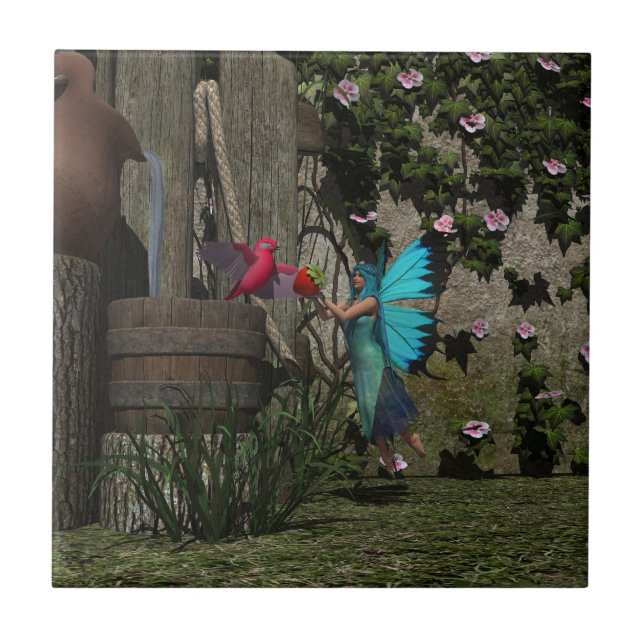 Cute Fairy Feeding a Bird Tile (Front)