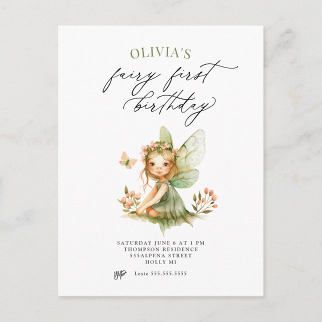 Cute Fairy First Birthday Invitation Postcard (Front)